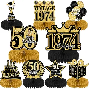 9Pcs 50th Birthday Decorations - Black Gold 50th Birthday Party Decorations for Men Women 1974 Vintage Table Decor Supplies Honeycomb Centerpieces Happy 50 Years Birthday Decoration Decor