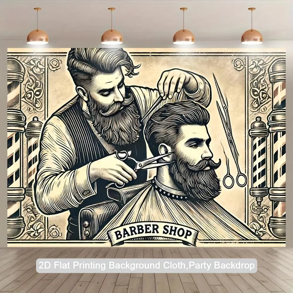 1pc Vintage 2D Flat Polyester Barber Shop Mural Backdrop - Soft Texture, Glam, Durable Photography Background with Scissors, Razor, Striped Pole Printing, Ideal for Party Decor, Studio Props