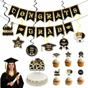 Graduation Party Decorations Set Black and Gold Congrats Grad Banner Cake Toppers and Hanging Swirls for Party Backdrop Supplies Graduation Party Backdrops Graduation Celebration