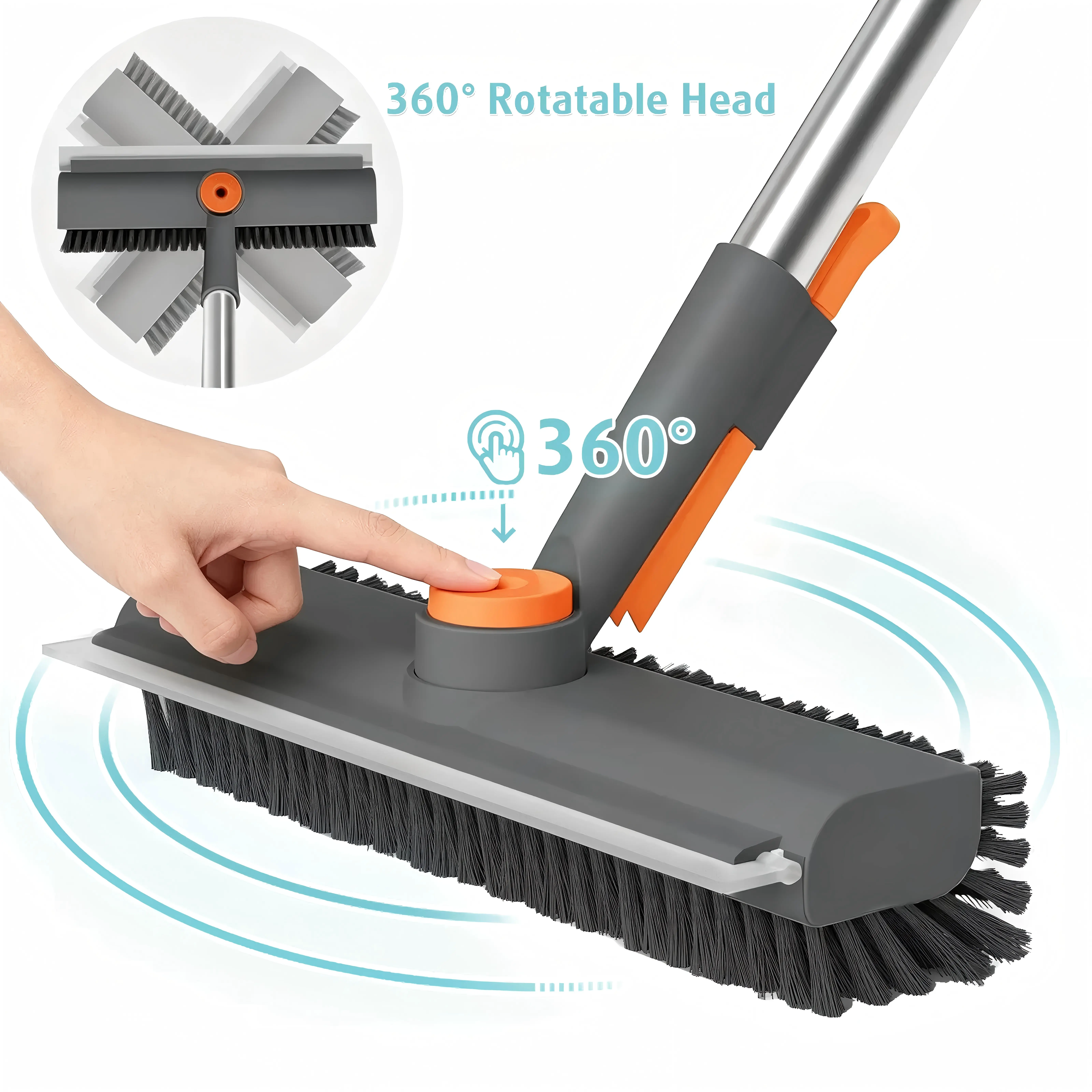 AIR U+ Floor Scrub Brush with Long Handle, 3 in 1 Scrape and Heavy-Duty Stiff Bristle Scrubber Brush for Cleaning Shower Bathroom, Patio, Pool, Garage, Kitchen, Wall and Deck.