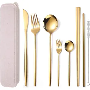 8 Pieces Stainless Flatware Set Reusable Cutlery Set Travel Utensils Set Including Knife Fork Spoon Brush Dishwasher Safe (Golden)