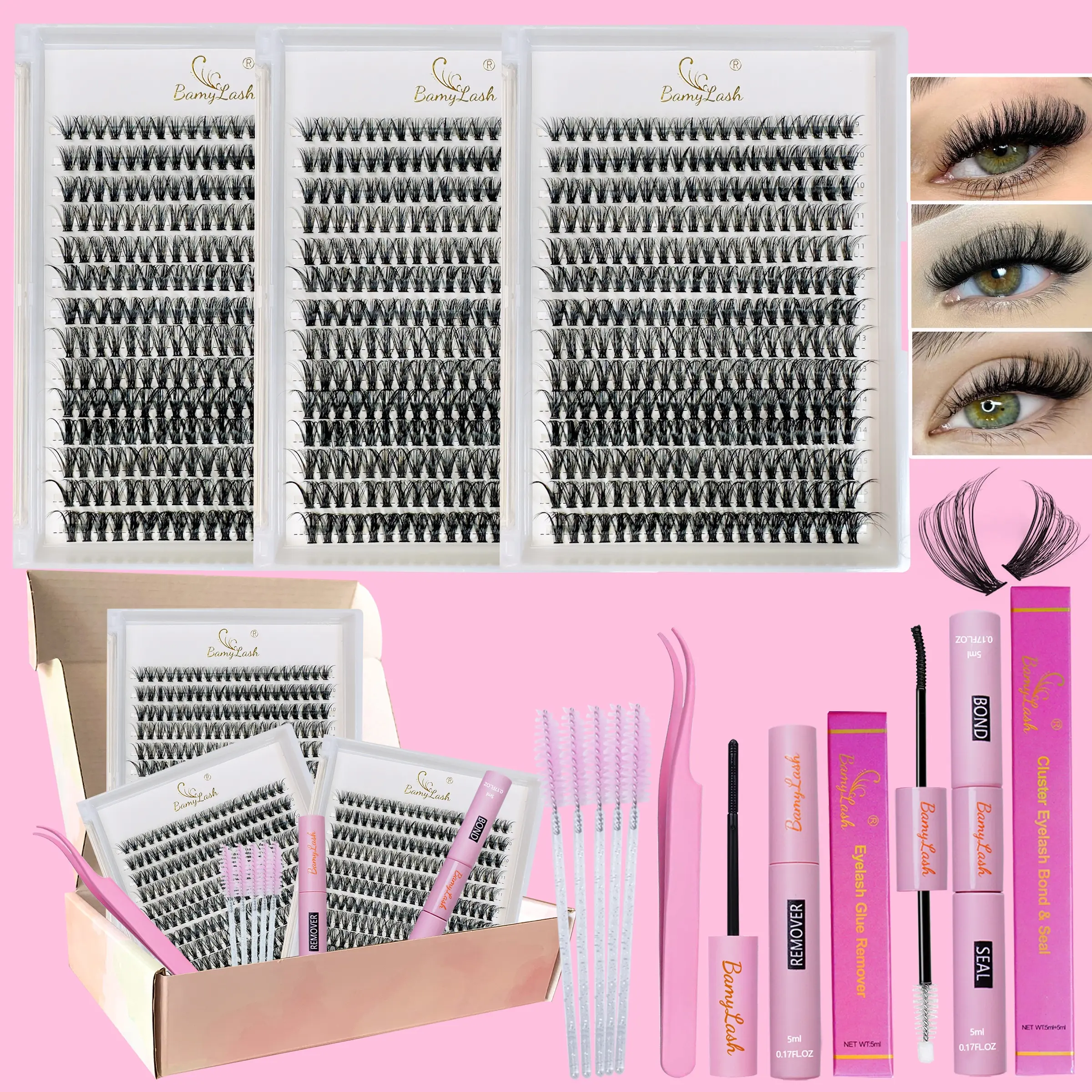Women's Eyelash Extension Kit, Eyelash Extensions Set, Diy Eyelash Extensions, Includes 3 Boxes D Curl 9-16mm Lashes, False Eyelashes Clusters, 840 Pieces, Glue, Remover, Tweezers, Brushes, Gift Box, Perfect for Special Occasions, Cosmetic