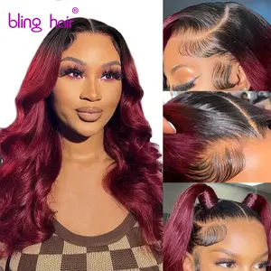 Bling Hair Glueless Wig Human Hair 5x5 Body Wave Lace Closure Wig T1B/99J Color 24 26 28Inch Body Wave Wigs Human Hair 180 Density