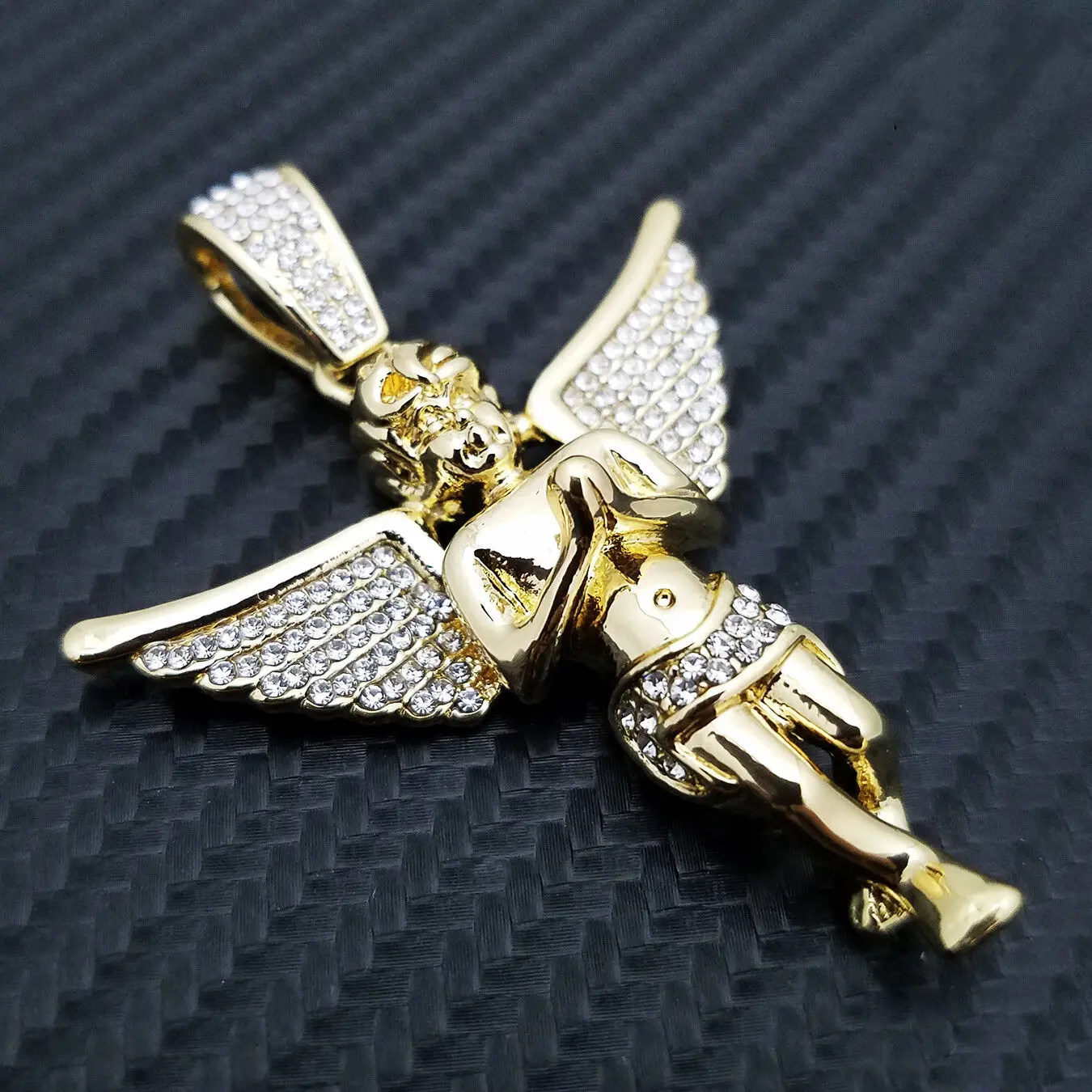 MaxBling81 Iced Out Gold-Plated Cubic Zirconia Baby Angel Wing Pendant, 50x45mm Charm for Necklaces, Costume Jewelry, Casual Daily Wear Gift