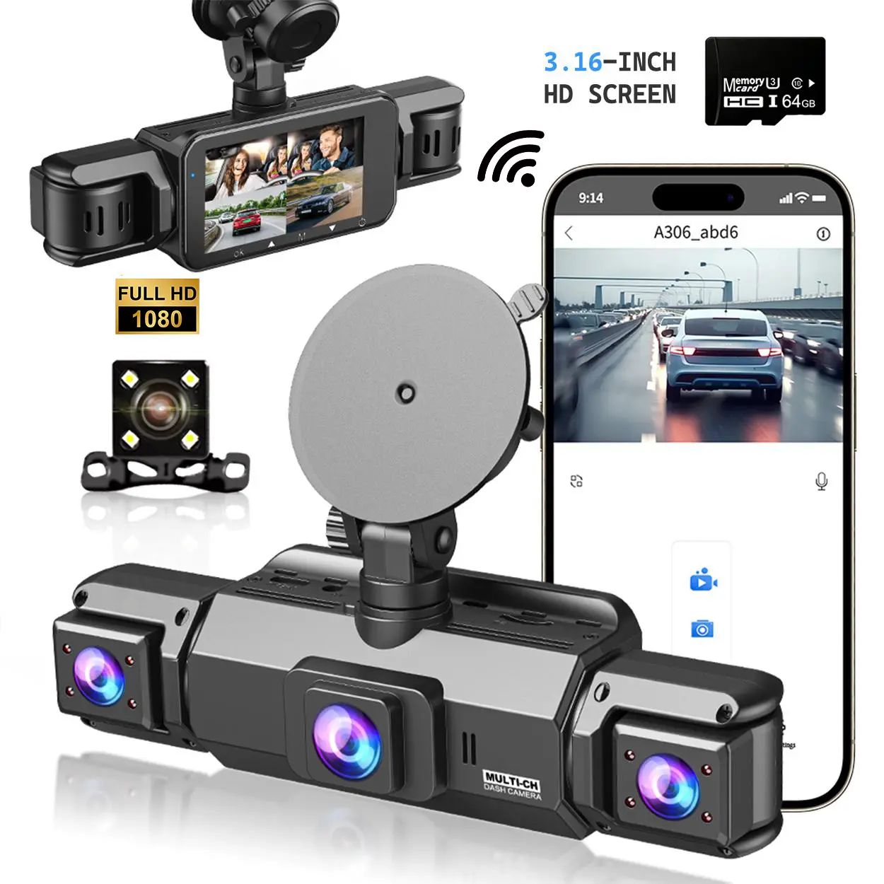Full HD Night Vision Dashcam dash cam 1080P*4 360° Dash Cam 4 Channel Dash Cam Front and Rear Inside Left Right,Dash Camera for Cars, Built-in WiFi Night Vision, 24/7 Recording Parking Mode Monitor, Free 64G Card