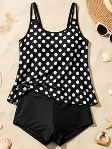 Women's 2-Piece Tankini Swimdresses, Versatile Daily Modest Beachwear with Anti-Slip Adjustable Shoulder Buckles, Built-in Padded Support Tank Top, Stretch High Coverage Swim Shorts, Detachable for Summer Pool Water Park Trips