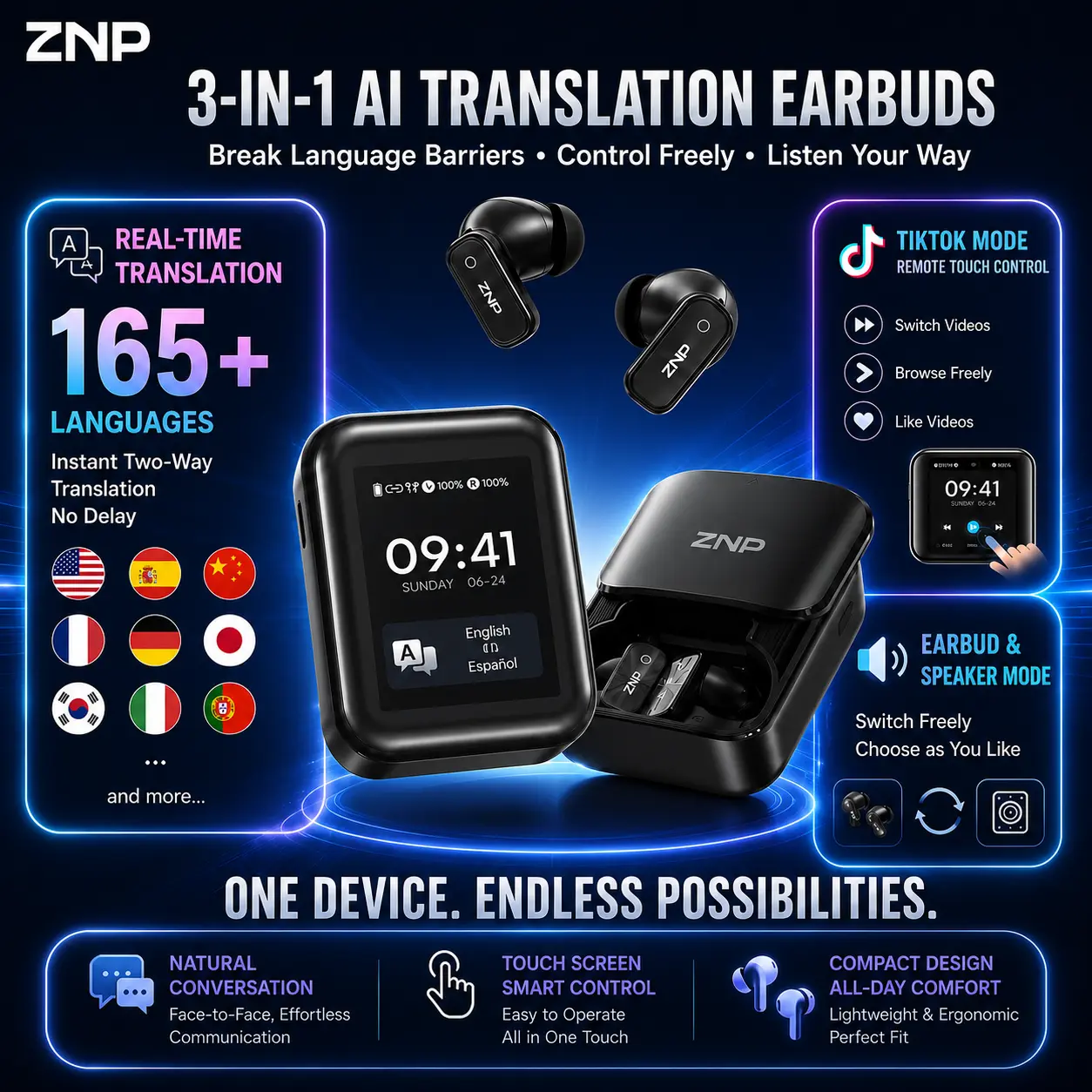 2026 ZNP N07 Smart Translator Earbuds | ANC Noise Cancelling & Real-Time Translation, 2-in-1 Earbud/Speaker, IPX5 Waterproof, TikTok Remote, Touch Control Without Phone, 40H Battery, Universal Compatibility. Ideal for Travel, WFH & Workouts.