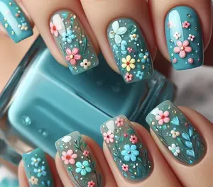 24pcs Spring Summer Blue Print Floral Design Press-On Nails - Short Square Glossy Wearable Nail Patches with Jelly Glue & File Strips