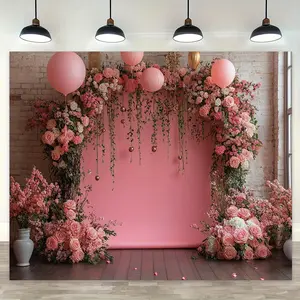 Flower Arch Backdrop, 1 Count Romantic Pink Flower Design Flower Arch Wedding Decoration Banner Flag, Photo Props Background Cloth for Wedding Birthday Party, Ornaments