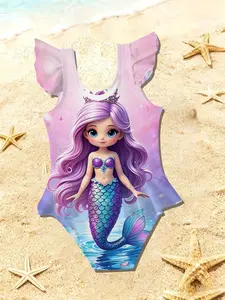 Summer Girls' Cute Mermaid Theme Bubble Shell Crown Swimsuit, Beach Vacation, Holiday Casual, Birthday Gift, Random Print Design, Summer Swimwear