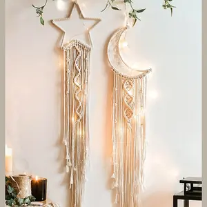 Tassel Dream Catcher Hanging Ornaments, 1 Set Hand Woven Lace Stars Moon Dreamcatcher Wall Hanging Decor without LED Lights, Hangable Wall Art for Home, Interior Wall Decor