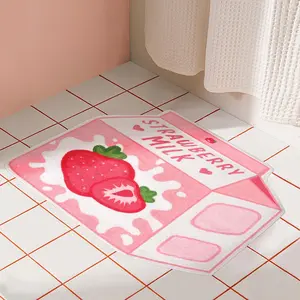 Cute Pink Fruit Strawberry Milk Rug Non-Slip Soft Washable Funny Irregular Shaped Bath Mat for Bathroom, Bedroom Living Room