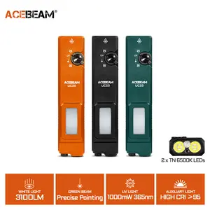 ACEBEAM UC25 3100 High Lumens Tactical EDC Flat Flashlight with Green Beam, UV, White LED and Auxiliary Light Combo, Rechargeable Pocket Flashlight, Police Flashlight