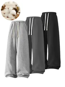 Men's casual sports pants with warm lining in autumn and winter, waist with drawstring and side pockets - soft and skin friendly fabric, solid color, loose and versatile, suitable for daily commuting, diverse throughout the year