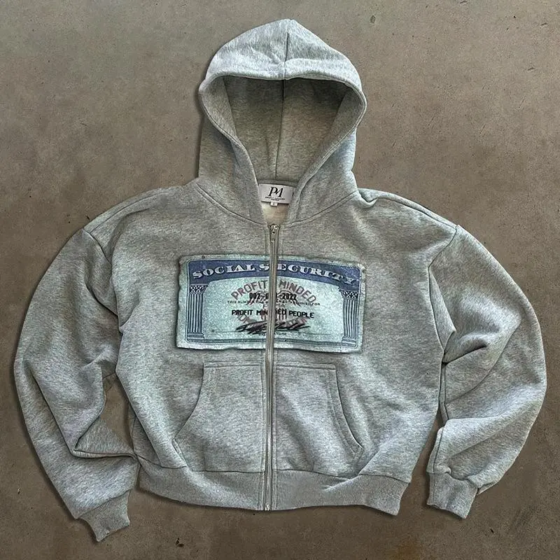 European and American Style Street Money Pattern Printed Hoodie Unisex Loose Zipper Sweatshirt Casual Fit