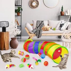 Cat Toys Kitten Toy Set - Tunnel Interactive Set for Cats with Fluffy Mouse and Teasing Stick in Leopard Print