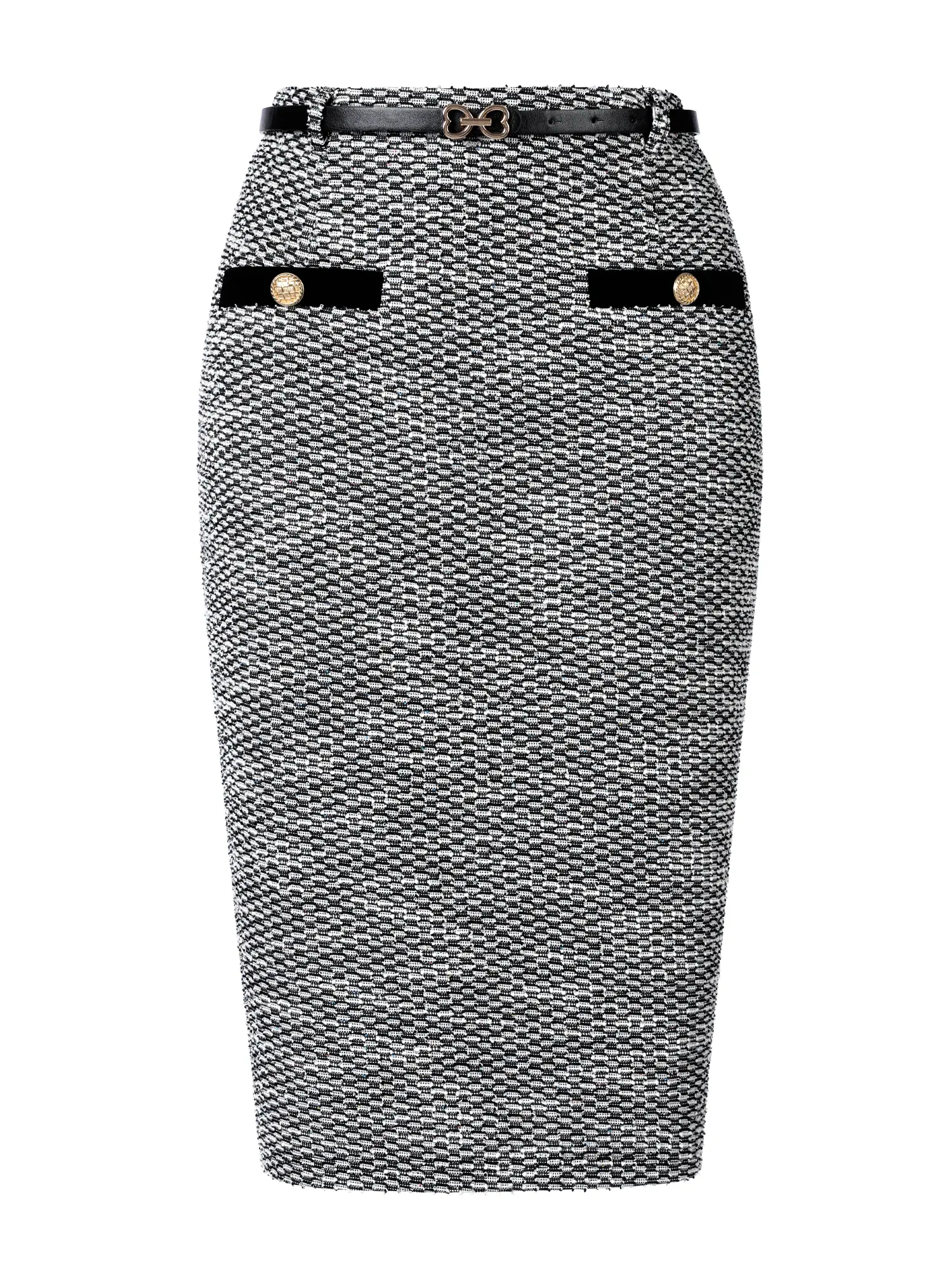 INSPIRE CHIC Women's Pencil Skirt Midi Length High Waisted Tweed Skirt Button Decor Bodycon Office Work Skirts with Belt
