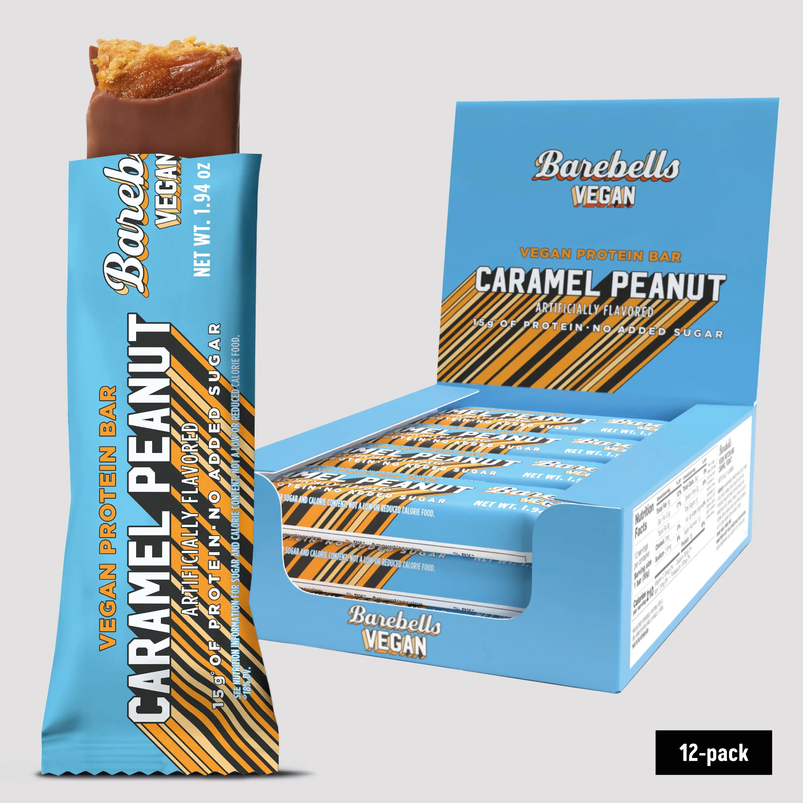 Barebells Vegan Protein Bars, Peanut Caramel - 12 count, 15g of Plant-Based High Protein Treats - Chocolate Nutrition Bar with 1g Total Sugar