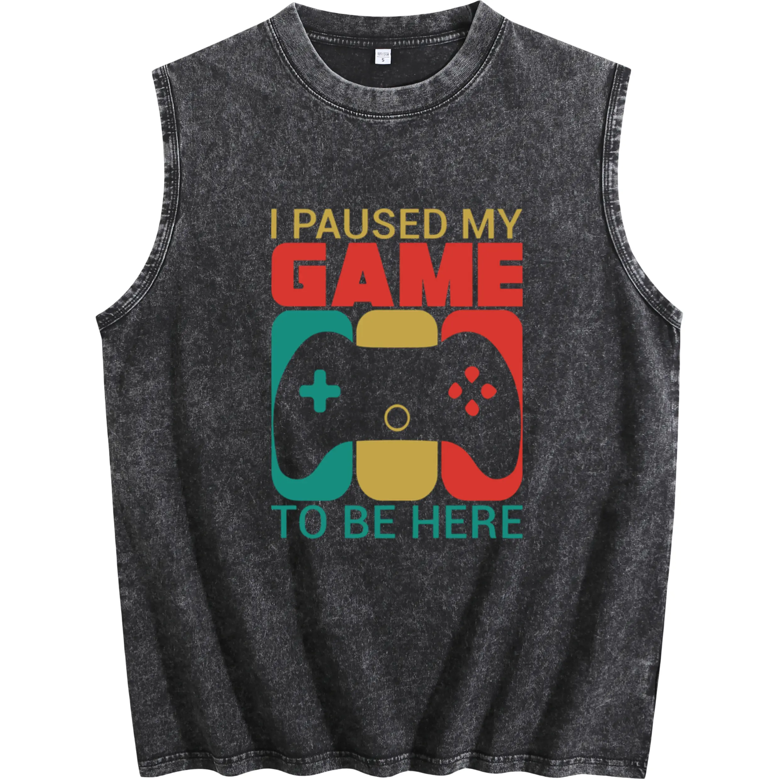Men's Heavyweight 100% Cotton Washed Sleeveless Vest with Retro "I Paused My Game" Video Game Controller Graphic – Perfect Oversized Casual Streetwear for Gaming Sessions and All-Season Wear