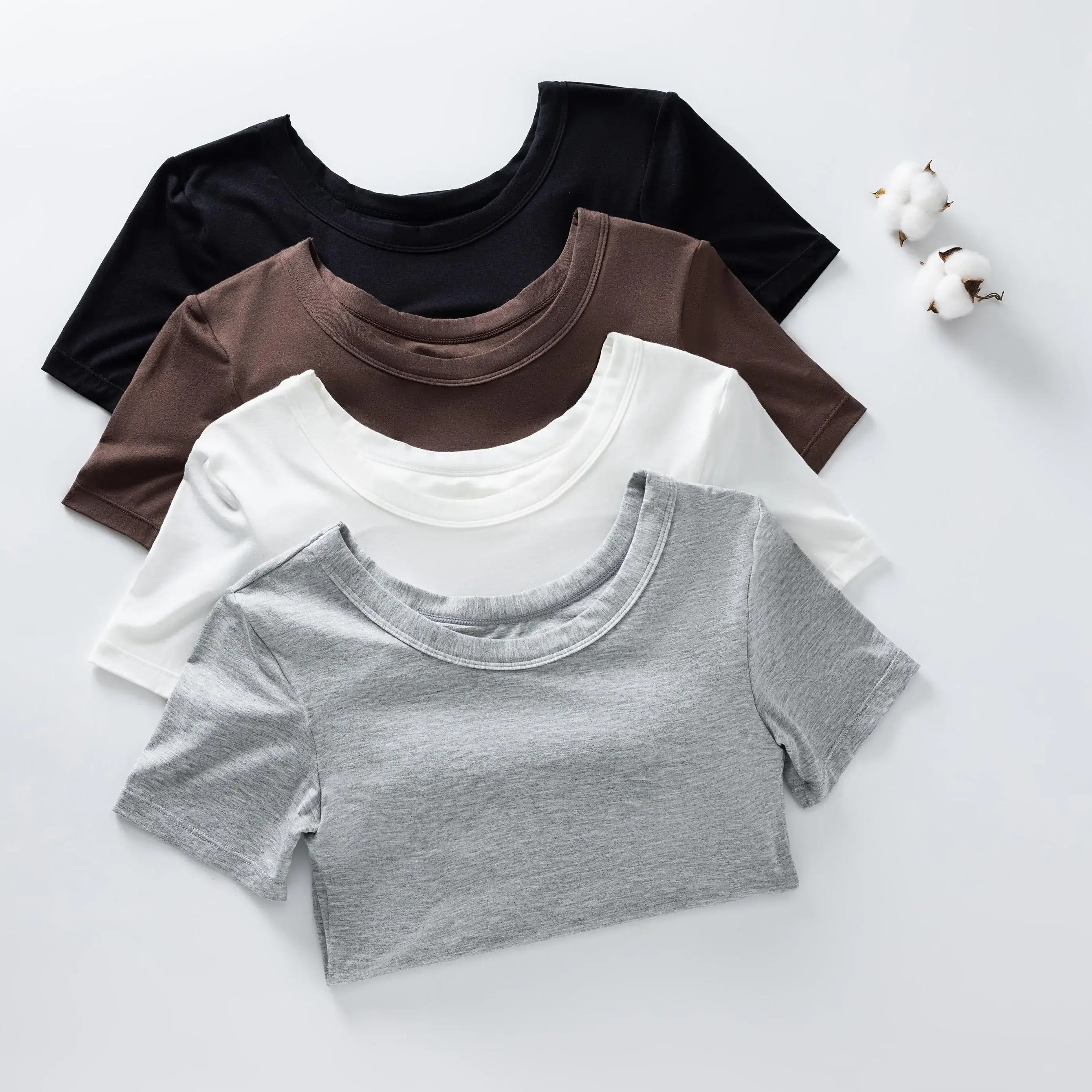 EssElegance Women's Built-in Bra T-Shirt | Stretchy Short Sleeve Crew Neck Top | Wireless Seamless Shelf Bra | Buttery Soft Slim Fit Sculpting Tee | Minimalist Clean Girl Aesthetic Basic | Summer Everyday Essential Multi-Color