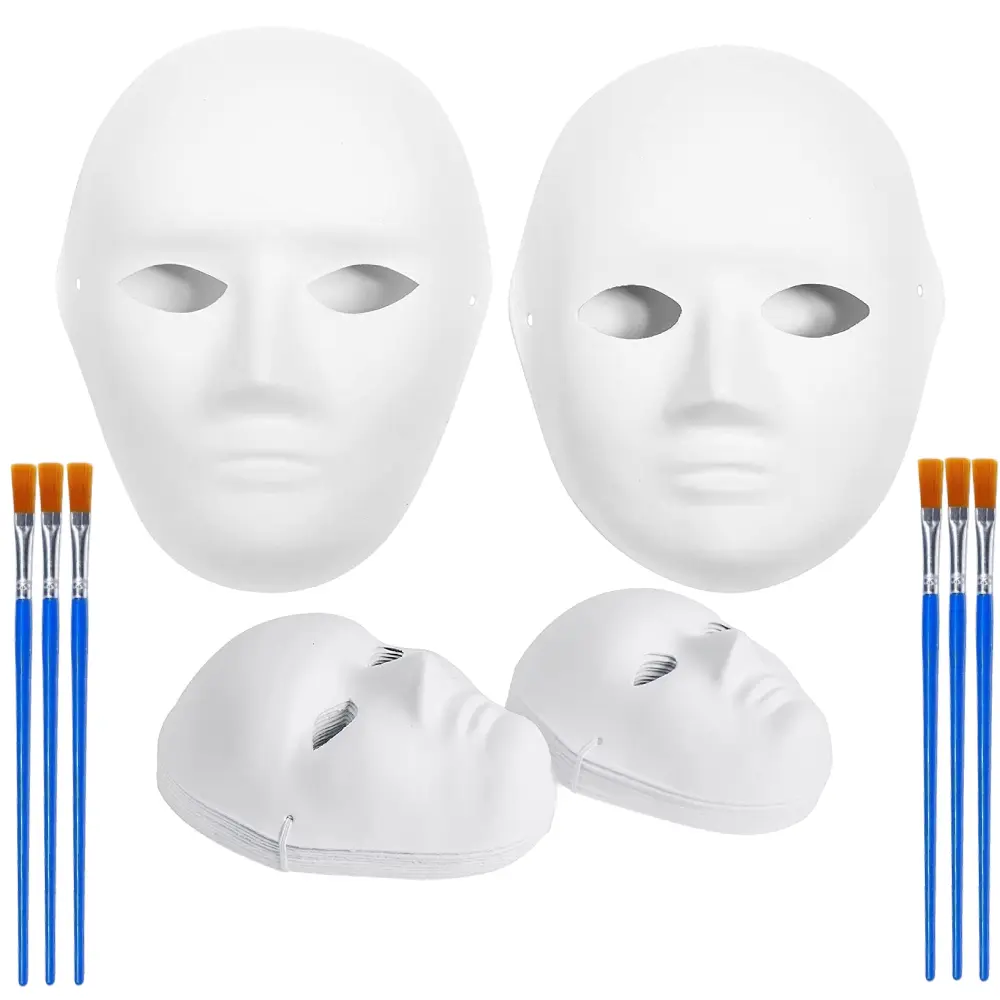 30-Pack Blank White Paper Mache Masks + Brushes Hand Tool Kit - 2 Sizes, 6 Brushes, Elastic Fasteners, DIY Projects Painting Kit for Halloween Classroom Use, Two Sizes