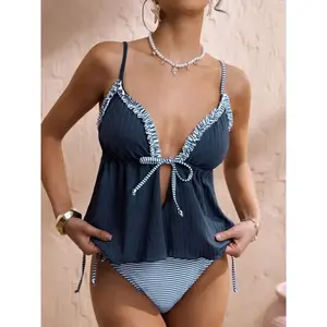 2026 Women's Bikini Two Piece Swimsuit Ruffled Double Strap High Cut Side Floral Trim European American Style Beachwear Bathing Suit