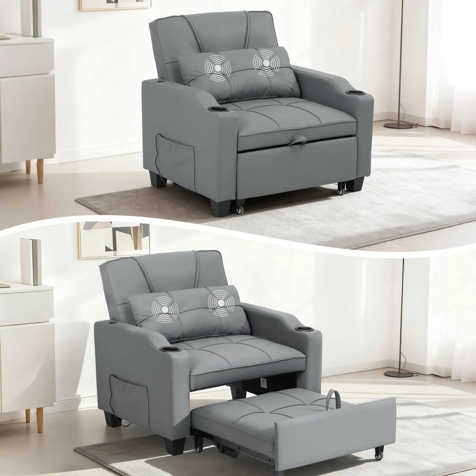 Garvee Convertible 4-in-1 Sofa Chair with Pull-Out Bed, Single Sleeper Recliner Featuring Plug-in Vibration Massage Pillow, USB/Type-C Ports, Cup Holders, and Side Pocket for Compact Spaces