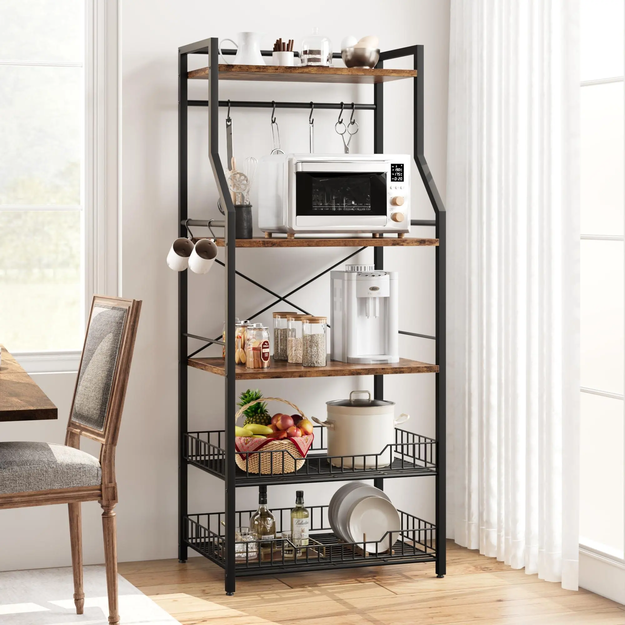 Kitchen Bakers Rack, Microwave Oven Stand with 2 Large Wire Basket, Industrial Coffee Bar Station, 5-Tier Kitchen Utility Storage Shelf with 8 Hooks for Spice, Pots Organizer, Rustic Brown