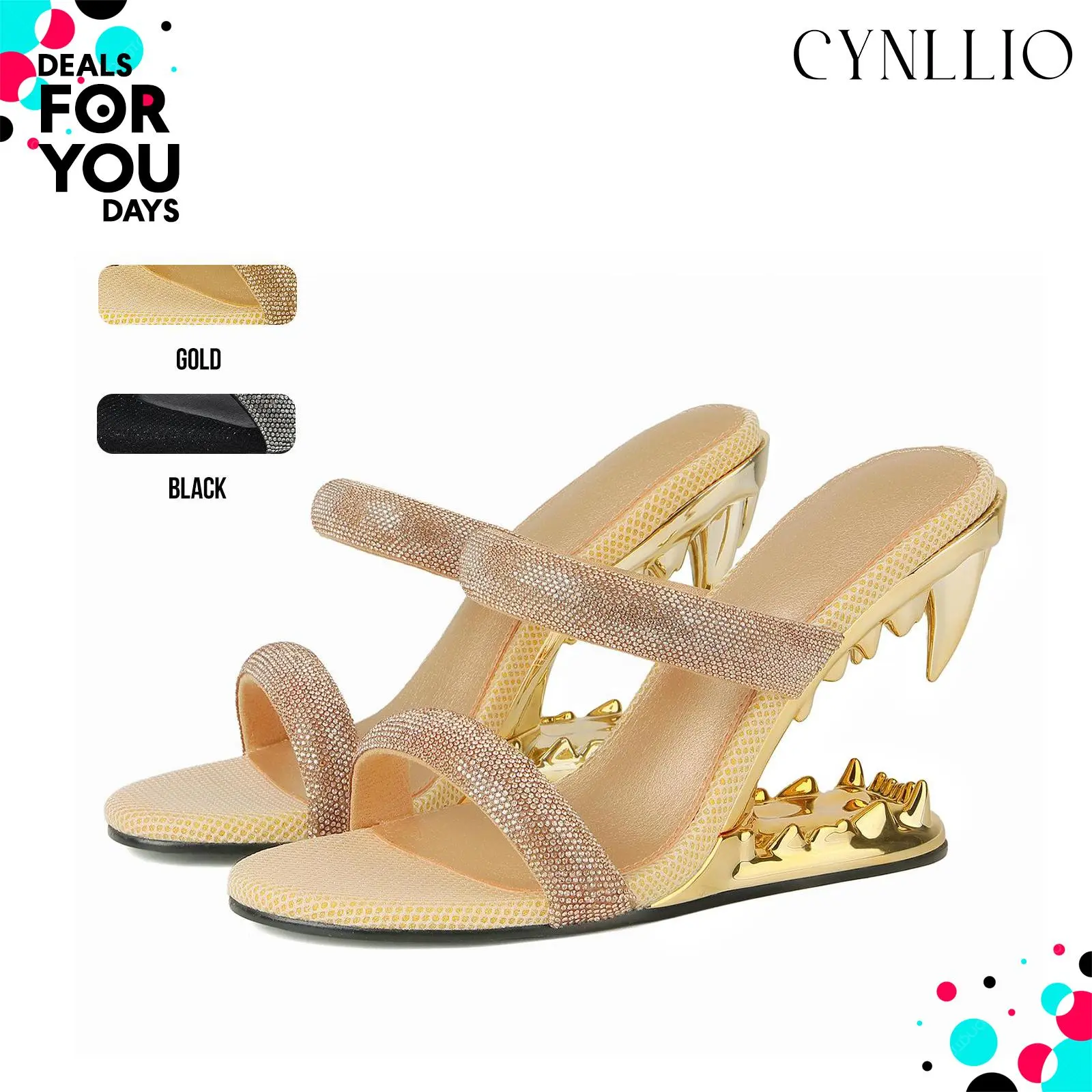 CYNLLIO Womens Morso Rhinestone Metallic Mule Heels Avant-Garde Tiger Teeth Shark Heel Sandals Dual Glitter Two Strap Open Square Toe Slip-On Mule Sculpted Architectural Heel Party Wedding  Summer Graduation Heels