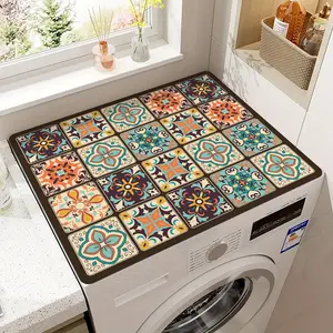 Vibrant Retro Colorful Tile Washing Machine Cover, Waterproof Durable Silica Gel Material, Floral Pattern Decor for Kitchen Laundry Room