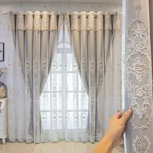 1pc Modern Luxury Double Layer Blackout Curtains With Gold Floral Embroidery Sheer & Lace Valance Grommet Top Easy Install For Living Room & Master Bedroom Decor Net Curtain Window
