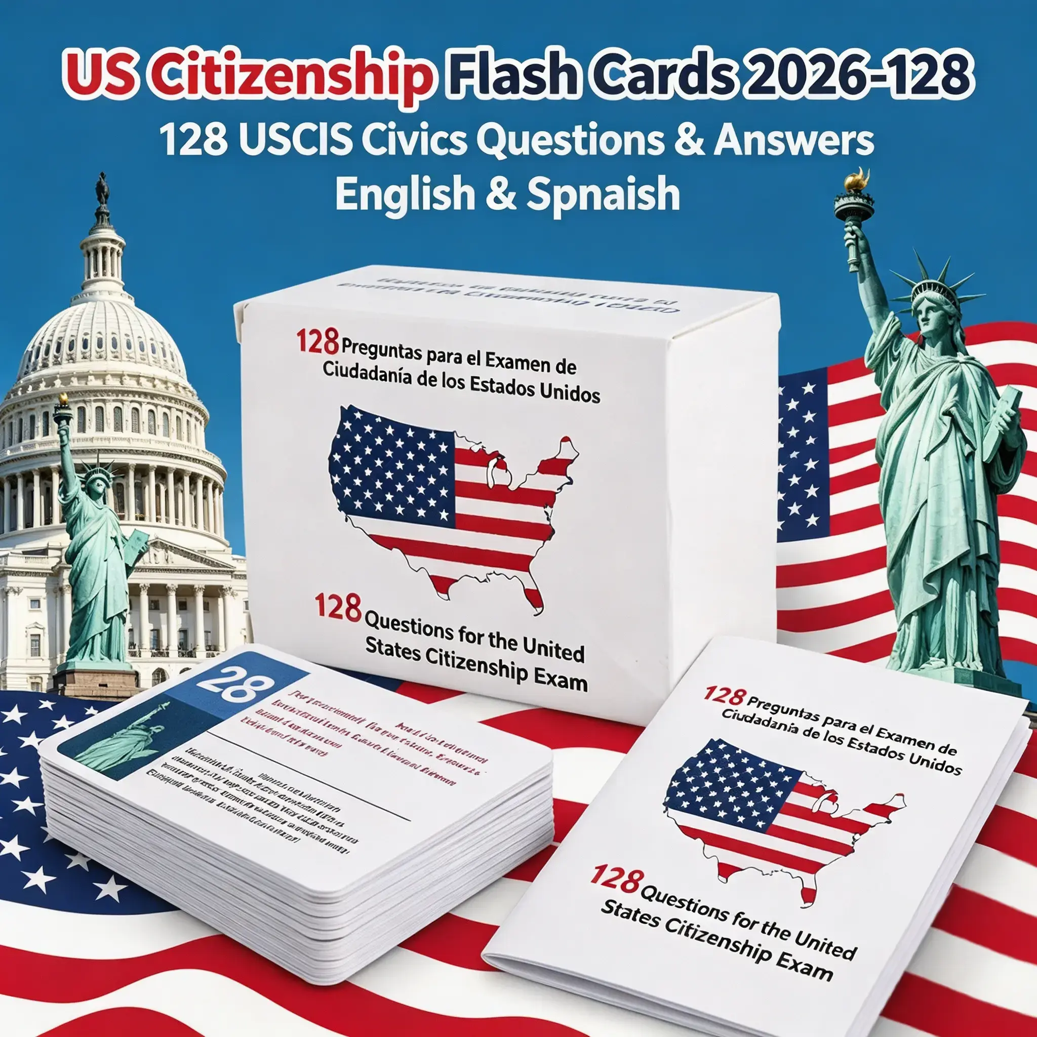 US Citizenship Naturalization Test Flash Cards, 128 Cards with Bilingual Layout & Dual-Learning System, USCIS Civics Questions & Answers, English Exam Prep Tool, Colored Hard-Bristled Paper, Durable Storage for Increased Confidence