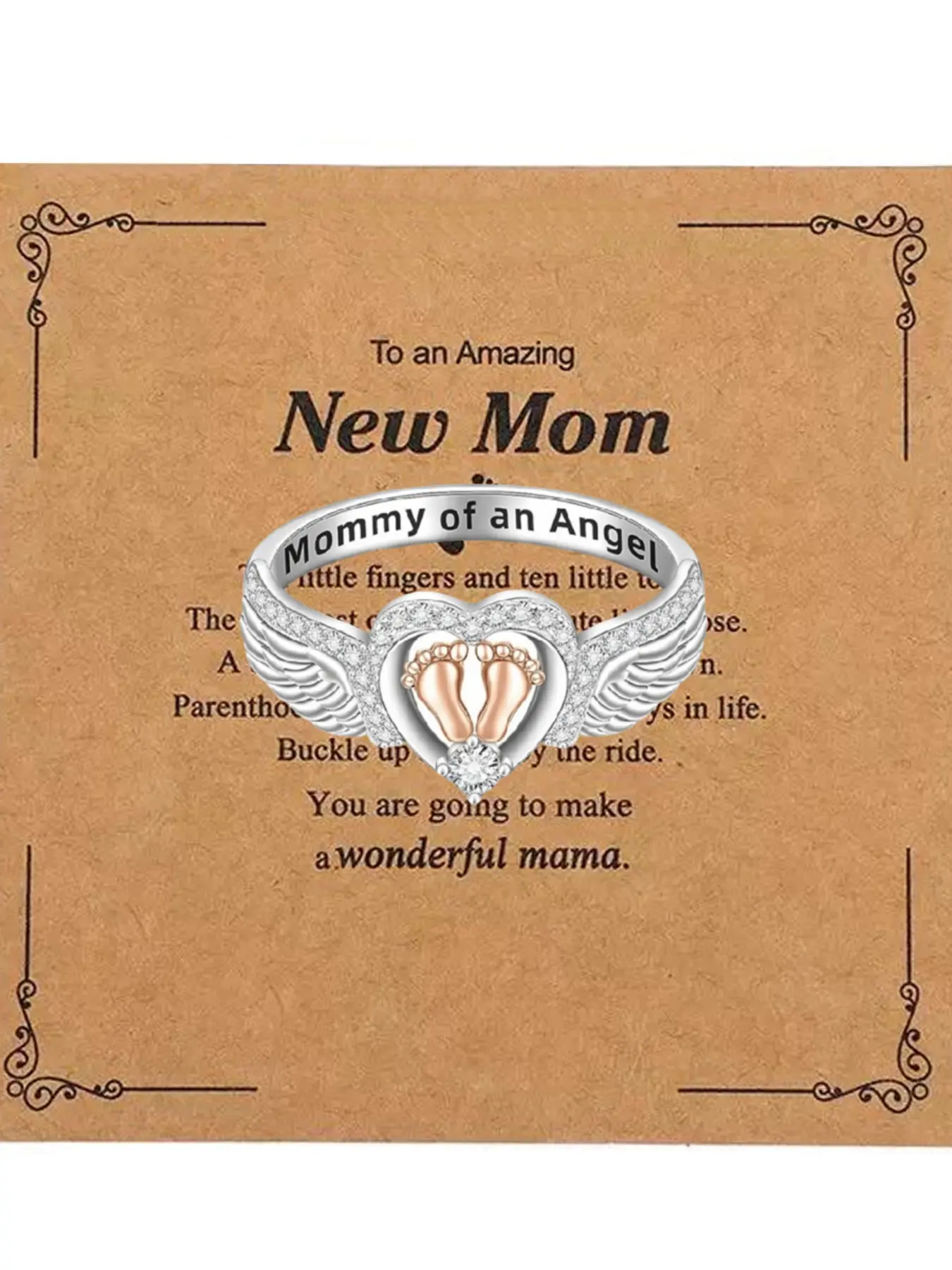Mother's Day Gift Angel Wing Design Engraved Heart Shaped Ring with Warm Inspirational Card, Heart and Footprint Decor, Fashion Jewelry Stainless Steel Rings for Daily Wear, Perfect Birthday Gift