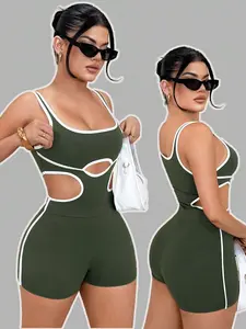 DORRIS Spaghetti Strap Hollow-Out Contrast Trim Bodycon Jumpsuit, Workout Clothes Women Clothes, Women Summer Clothing, Going Out Tops Women, Old Money, Sport, Contrsat Binding, Rompers For Women Summer