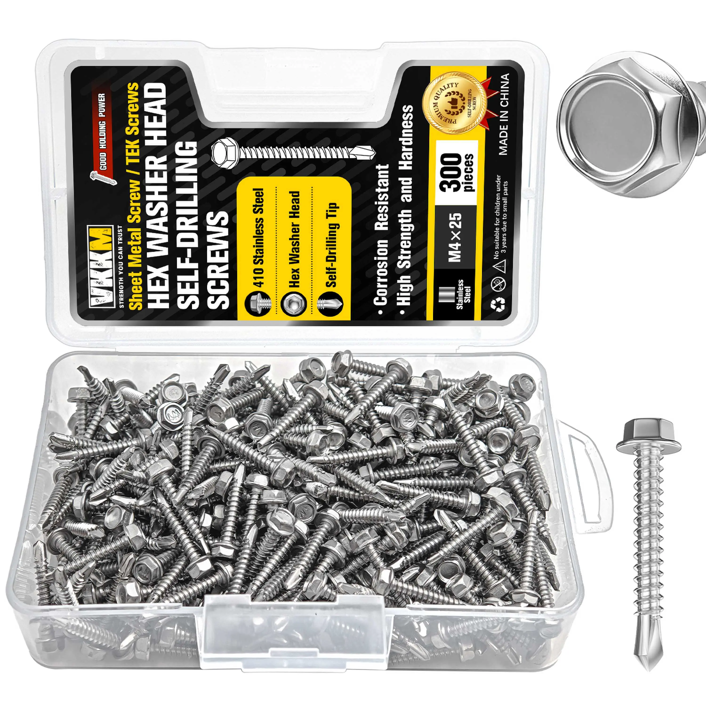 VKKM 300Pcs M4 x 25mm Hex Washer Head Self Drilling Tek Screws, 410 Stainless Steel Sheet Metal Screws, Rust Proof Self Drilling Screws for Metal Sheets, Aluminum, Wood, Roofing & General Repair Work