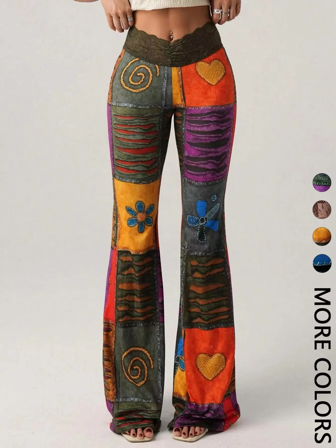 1 Pair Vintage Bohemian Flare Pants, Boho Artistic Patchwork Print, Hearts Pattern and High-Waist Design, Soft Knit Womenswear for Music Festivals & Summer Days