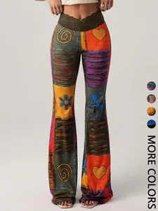1 Pair of Vintage Bohemian Flare Pants, Artistic Patchwork Print & Hearts & High-Waist Design, Soft Knit for Music Festivals & Summer Days