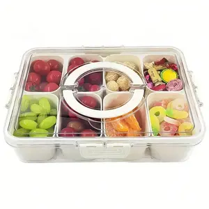 8-Compartment Acrylic Airtight Kitchen Snack Container with Handle Tray, Cutting Board, Lid, Organiser - Portable Spice & Food Storage for Road Trips, Birthday Gatherings - Includes Candy Bags, Plates, Banquet Platters, Gift Bags - Not Dishwasher Safe