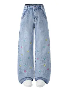 Girls' Y2K Colorful Star Embroidered Washed Denim Jeans, New Spring Summer 2026, Back-To-School Teenage Girls Street Style Wide Leg Jeans