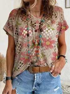 Spring/Summer style, V-neck diamond hollow out loose batwing short-sleeve cover-up, contrast color floral and plant print women's knitted top, vacation style, casual for commuting, bikini cover-up, Crochet cover ups, Bohemian beach vacation