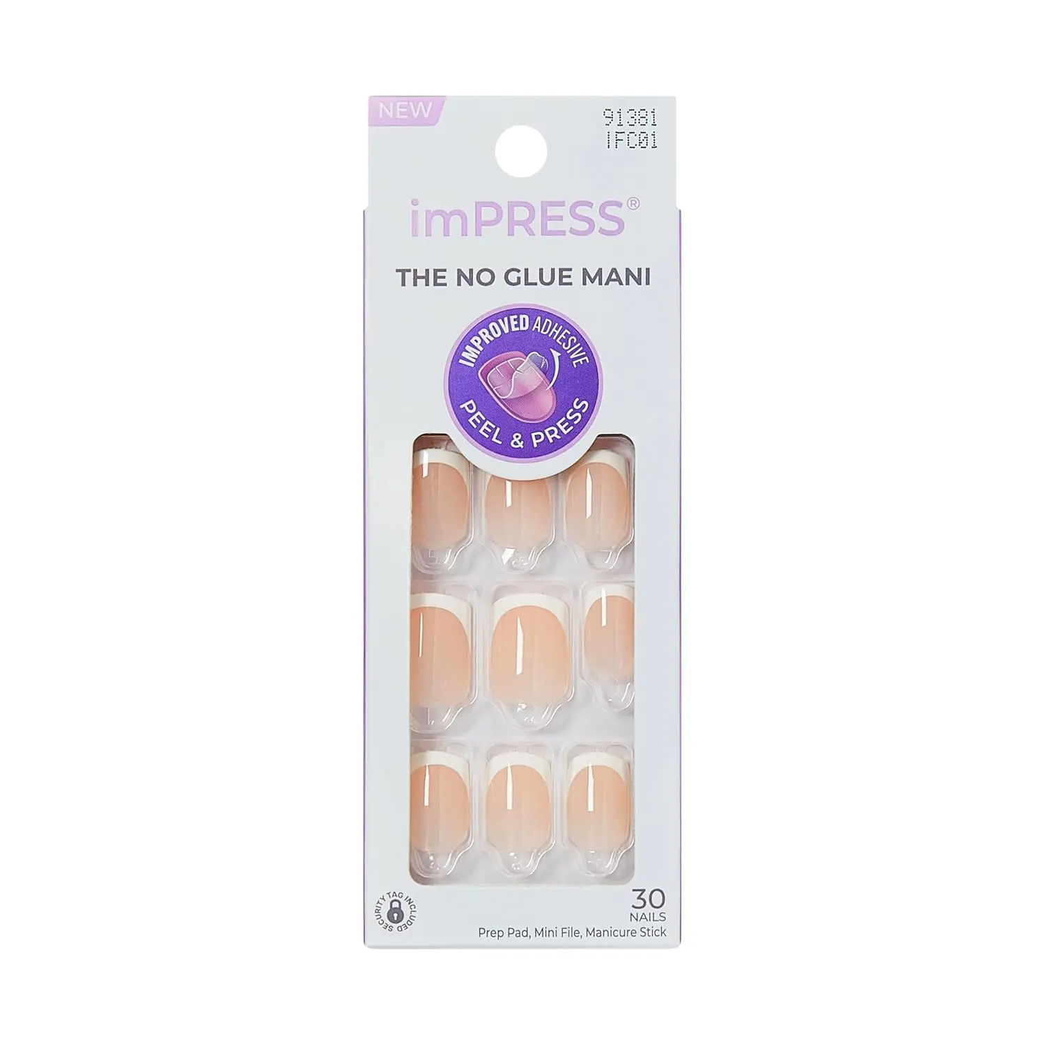 Kiss Impress No Glue Mani Press On Nails, Model, Classic French Manicure Kit, 30 Light Neutral + White Tip, Short Squoval, With IMPROVED Adhesive, Includes Prep Pad, Manicure Stick & Mini File