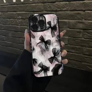 Coquette Black Bow Pattern Phone Case for iPhone 15 Pro Max 14 13 12 11 XR XS Plus TPU Shockproof Non-slip Creative Design Crystal Lights Mobile Accessories