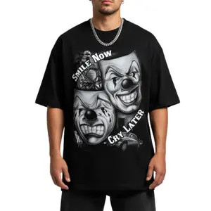 Menswear Smile Now Cry Later Graphic Tee - Stylish Casual Fitted Short-Sleeve Crew Neck Rock Style Medium-Length Summer Top for Men