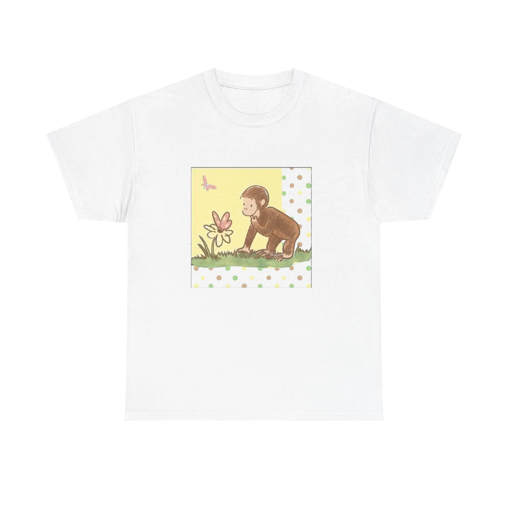 Unisex Oversized Curious George Short-Sleeve Graphic Tee - 90s Vintage Cartoon Comic Tops, Soft Natural Fabric, Loose Breathable Round Neck, Stylish Biker-Casual Vibe, Nostalgic AHS-Style Streetwear, Hem Detail, Leggings/Denim Pairing Option, Shortsleeve,