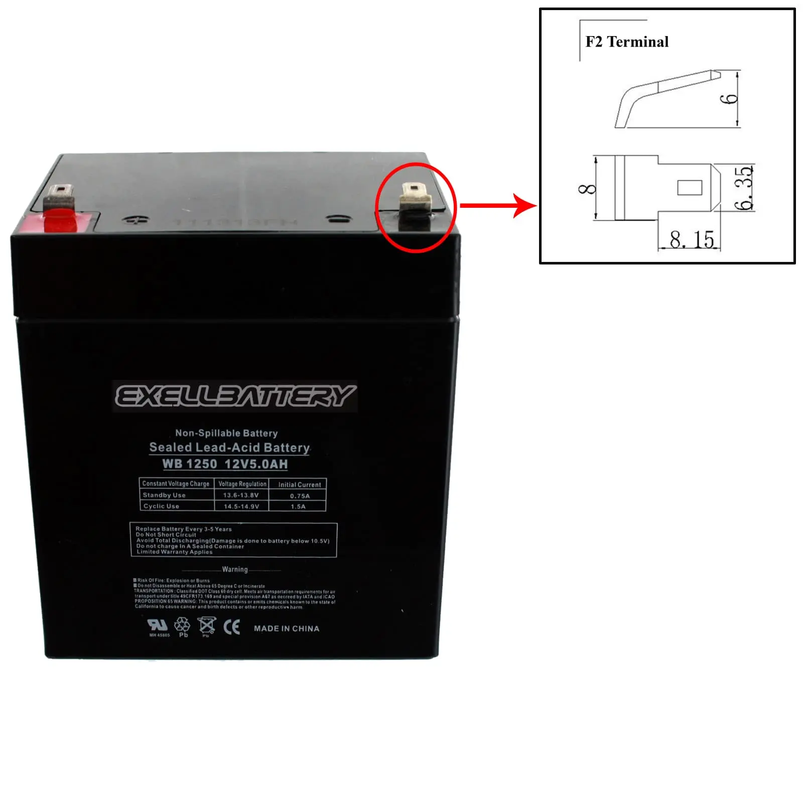 EB1250F2 12V 5Ah SLA Battery for LED Lights and Alarm  Sealed Lead