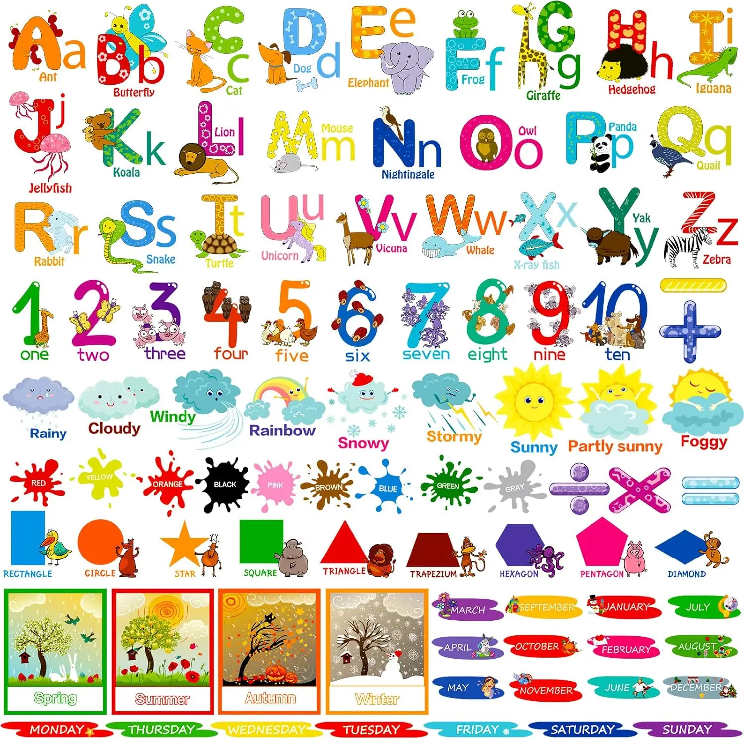 X-WPA03 9 Sheets Alphabet Wall Decals Educational Number Wall Stickers Colorful ABC Animal Learning Wall Decals Peel and Removable Stickers for Toddlers Classroom Nursery Bedroom (Cute)