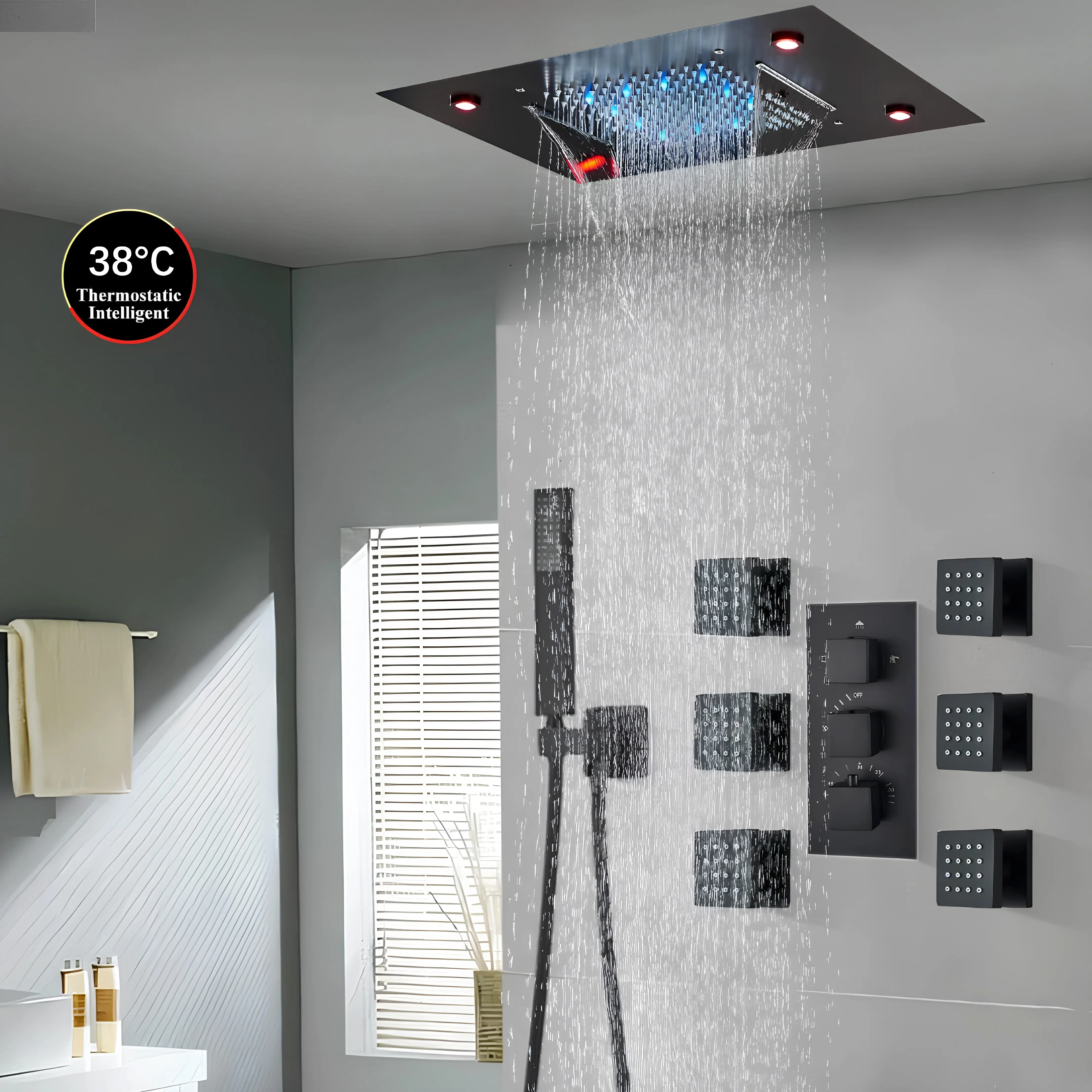 Matte Black Brass Thermostatic Bathroom Rain Shower System - Ceiling/Wall Mount 14x20 in LED Rain Shower Head with 6 Body Jets, Handheld, 64 Light Changes, LED Lights, Bluetooth, All Functions Operable Simultaneously, Adjustable, Thermal