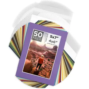 Pack of 50 5x7 Photo Mat + Backing + Bag Pre Cut mat Board Show Kit for 4x6 Photo White Core for Framing Pictures Prints Artworks Assorted Colors