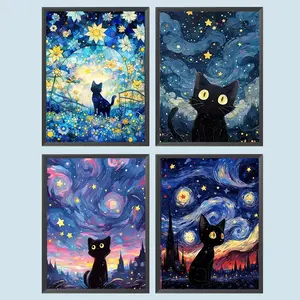 Starry Sky Cat Pattern DIY Diamond Art Painting Without Frame, 4 Counts DIY 5D Diamond Arts Painting Kit, Wall Art Decor For Home Living Room Bedroom, Christmas Gift, Crafting, DIY Craft Supplies, Diamond Painting Kits