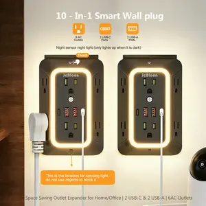 2 Pack Multifunctional Power Strip with Night Light, 6 AC Surge Protector Outlets and 4 USB Ports (2 USB C）,1050J Power Strip Multi Plug Adapter Power Socket Expander Spaced for Home Travel Office (Black）